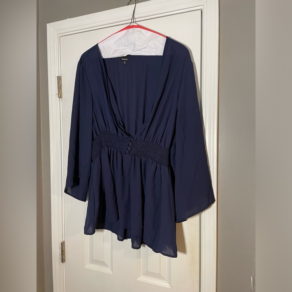 Navy peasant blouse with bell sleeves